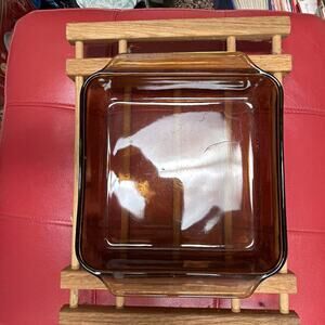 Wooden Stand Trivet & Anchor Hocking 8x8 Casserole Dish